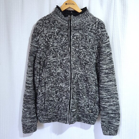American Stitch Sweater Jacket Large Sherpa Lined Full Zip Black and White Knit - Picture 2 of 11